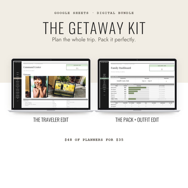 The Getaway Kit digital bundle: The Traveler Edit and The Pack + Outfit Edit Google Sheets planners