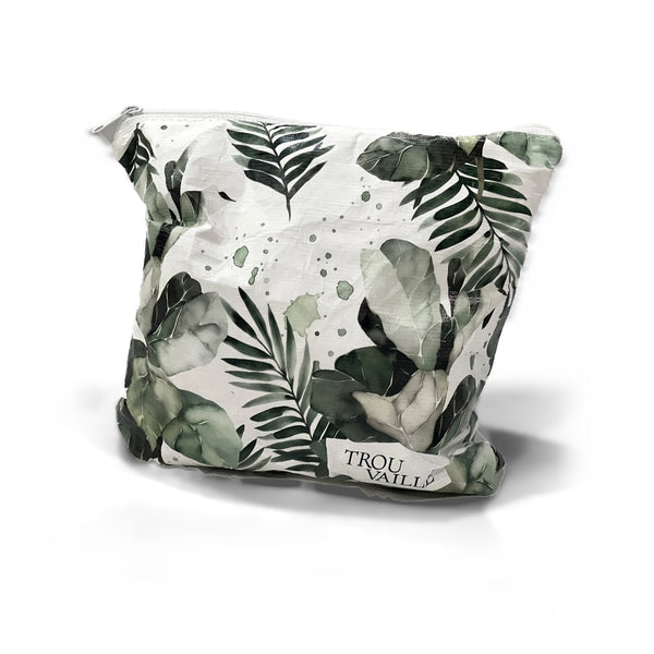 Green Leaves Small water-resistant accessory bag with watercolor tropical leaves on white