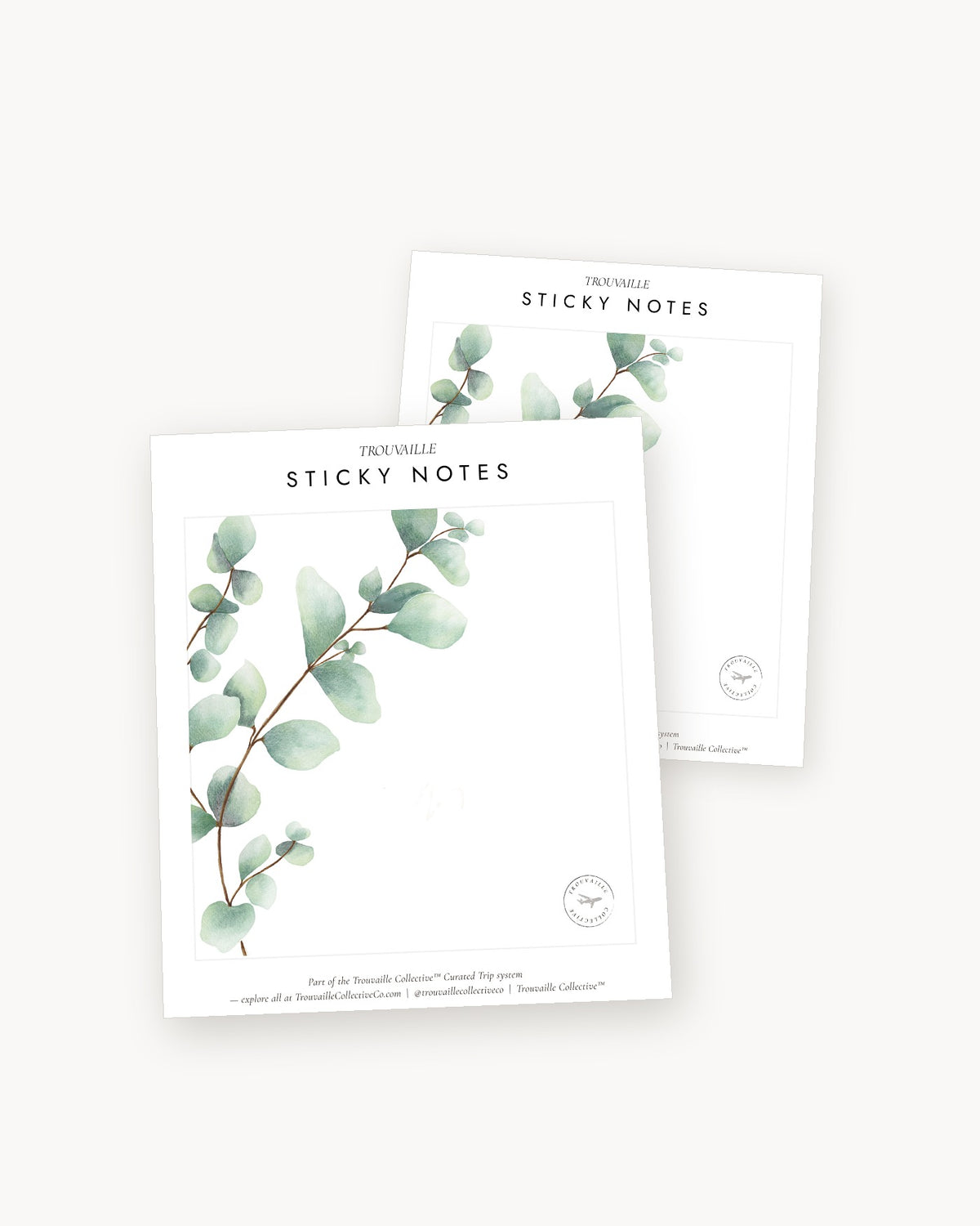 Two Greenery sticky note pads angled on a warm white ground