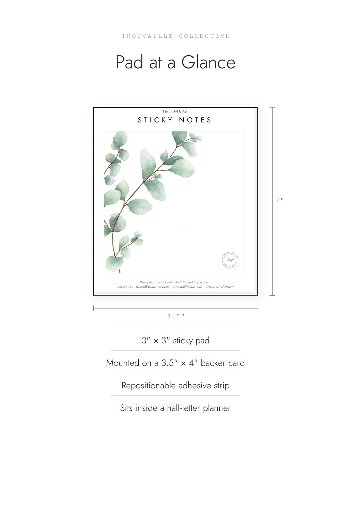 Greenery sticky notes shown at 3 by 3 inches on a 3.5 by 4 inch backer card