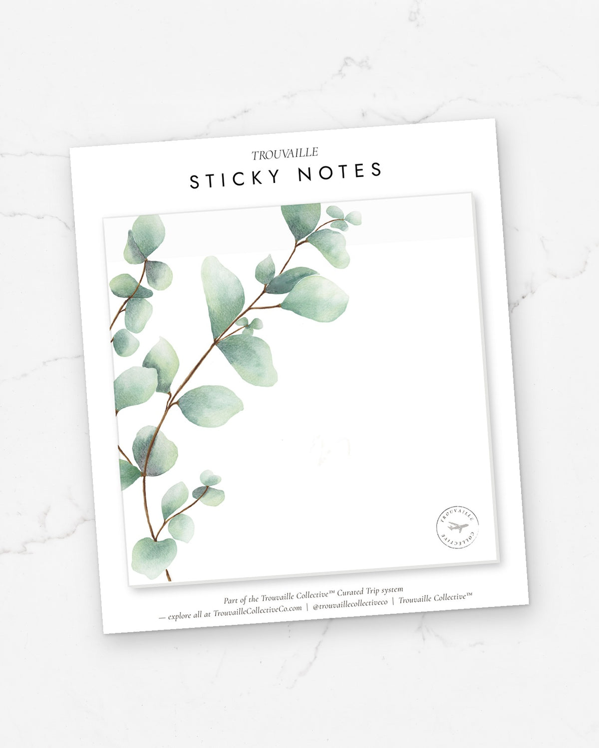 Greenery sticky note pad mounted on its Trouvaille backer card, as it ships