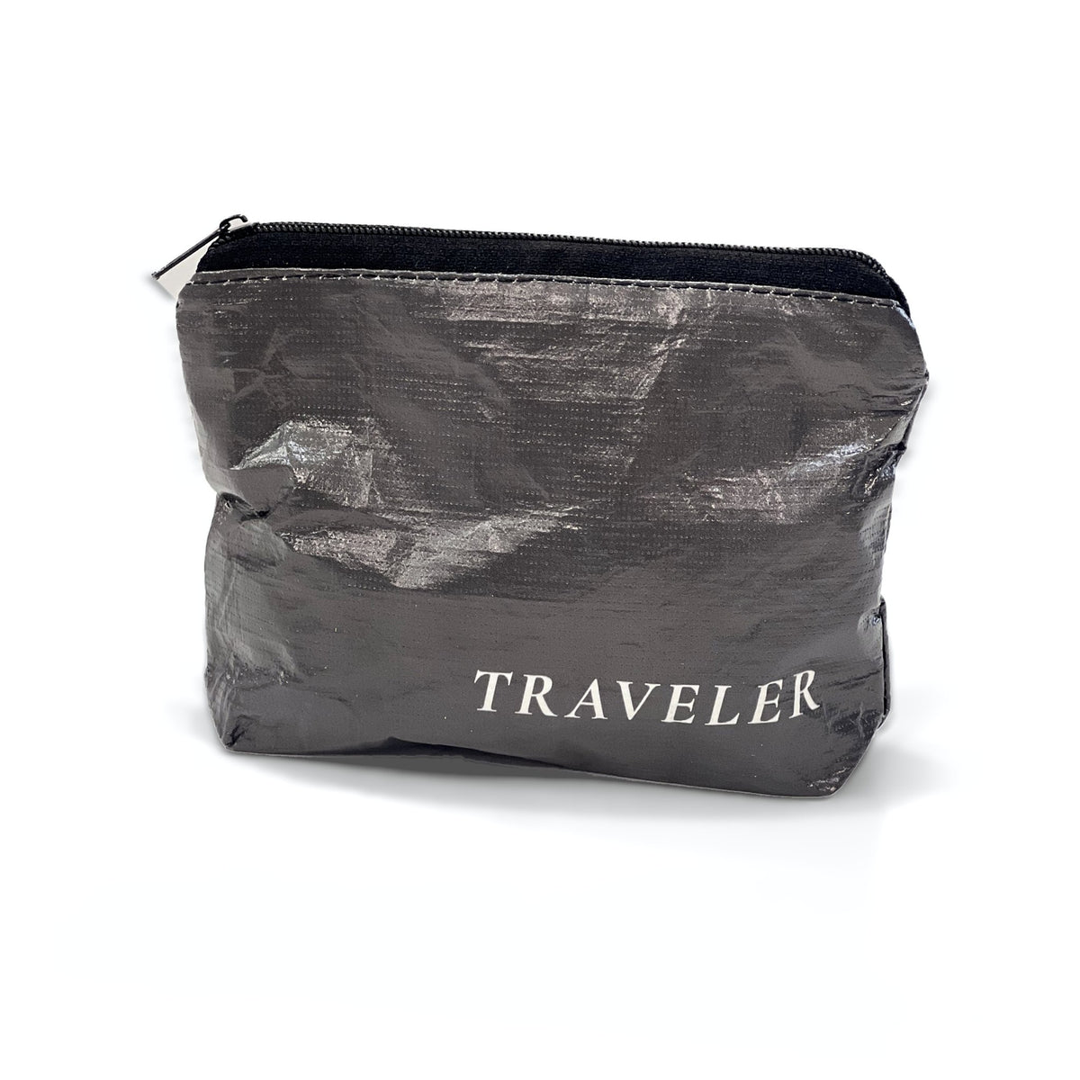 Ink charcoal Mini water-resistant accessory bag with black zipper and TRAVELER logo