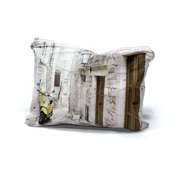 Italian Alley Medium water-resistant flat accessory bag printed with a stone alleyway, wooden doors and a yellow scooter