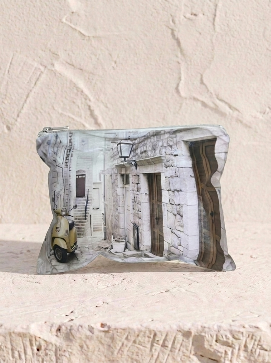 Italian Alley medium water-resistant accessory bag — a flat 12 x 9 inch travel pouch printed with a photographic Italian alleyway and scooter