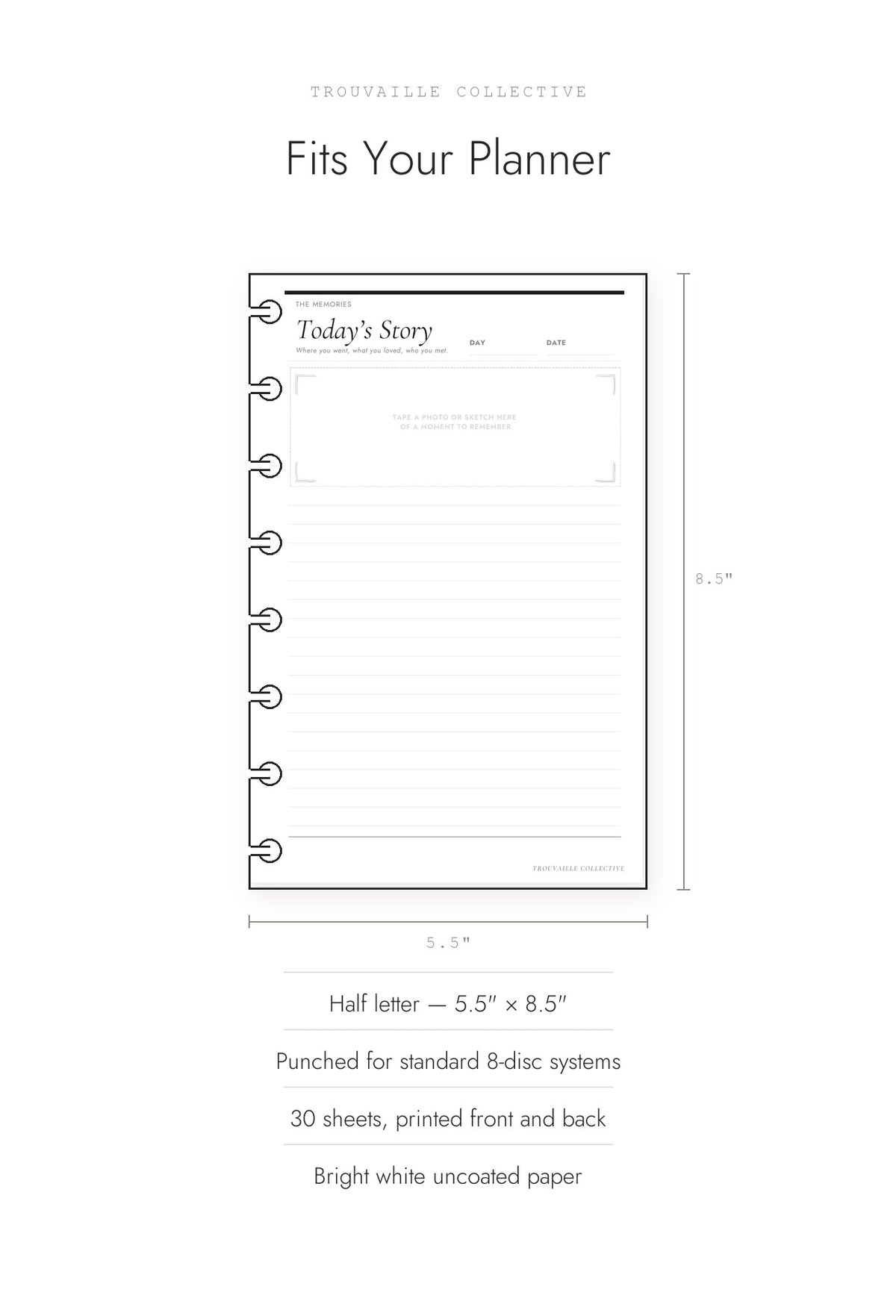 Journal Page planner inserts shown at half letter 5.5 by 8.5 inches, 30 sheets, punched for 8-disc systems