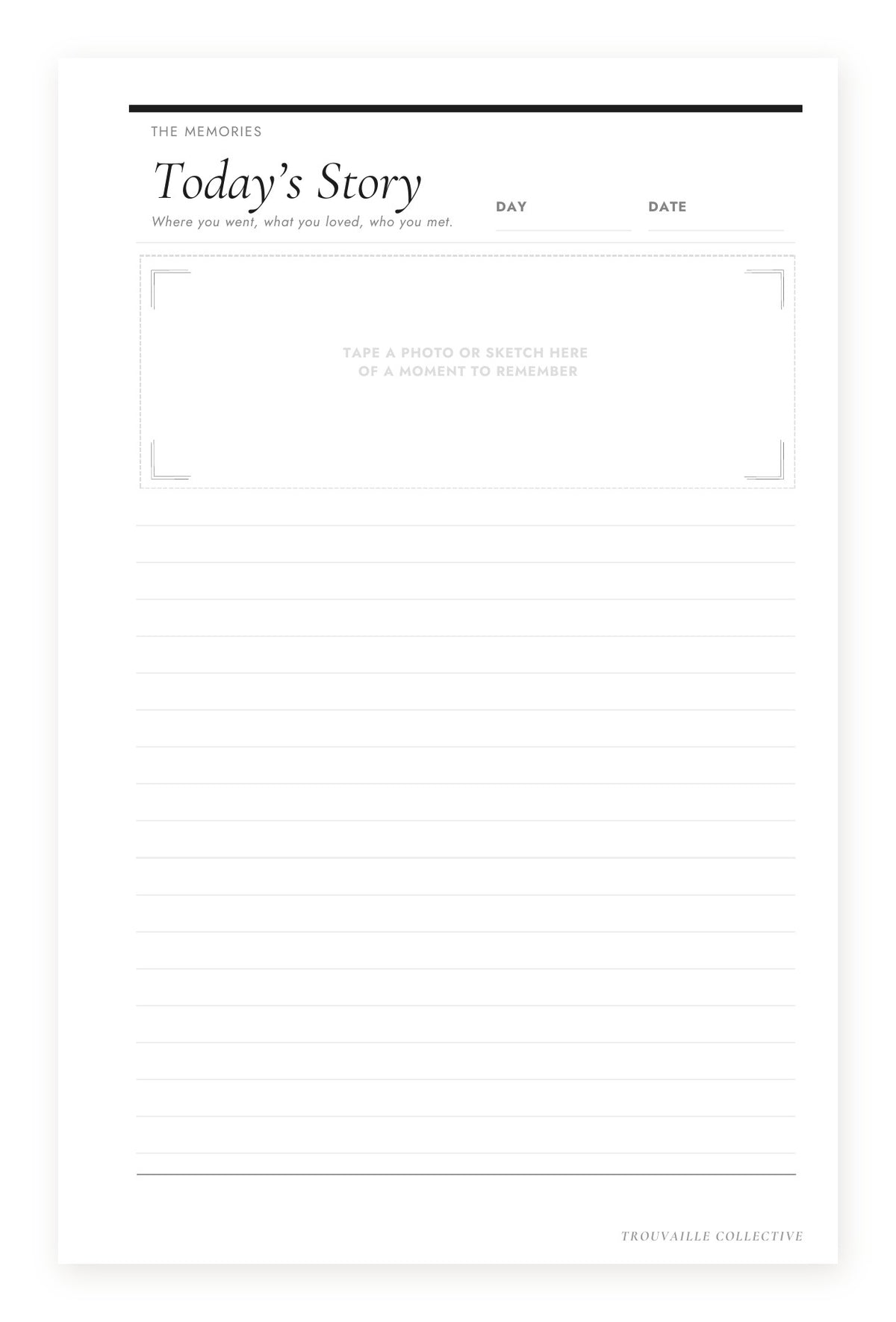 Journal Page half letter discbound planner inserts — Today's Story journal and photo pages (front)