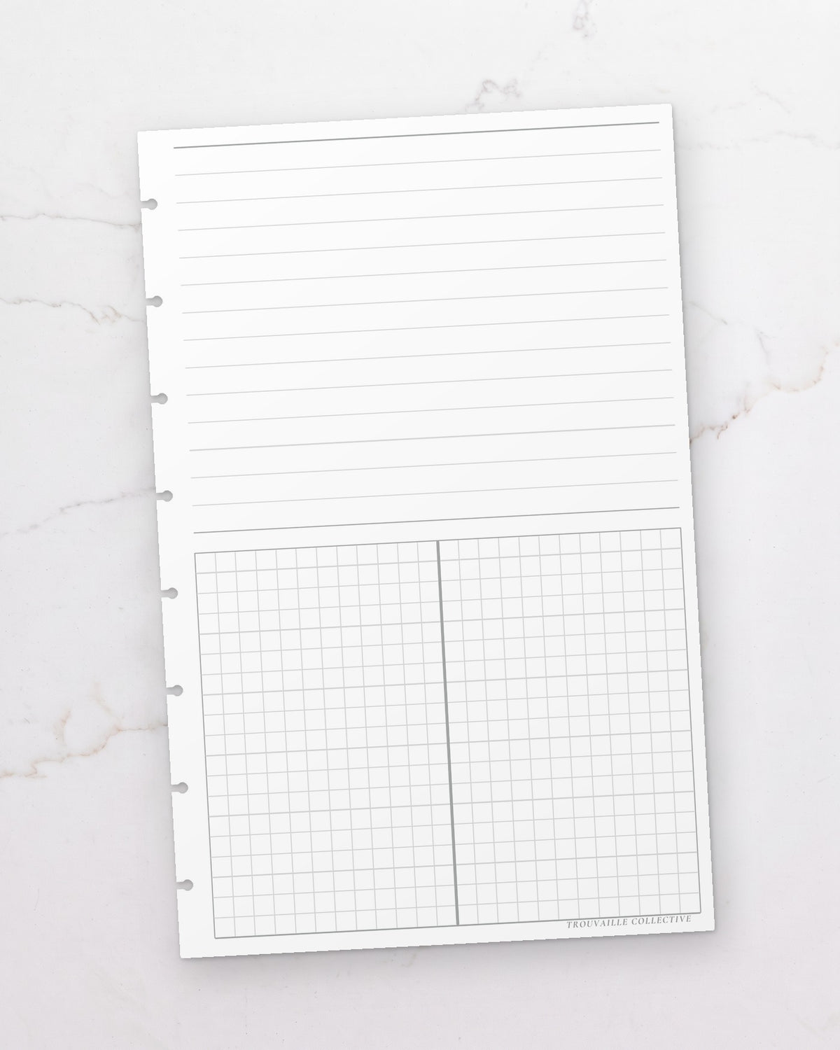 One Lines + Grid half letter planner insert sheet, punched for 8-disc discbound planners