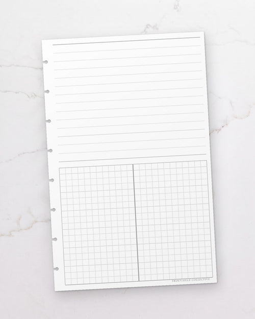 One Lines + Grid half letter planner insert sheet, punched for 8-disc discbound planners