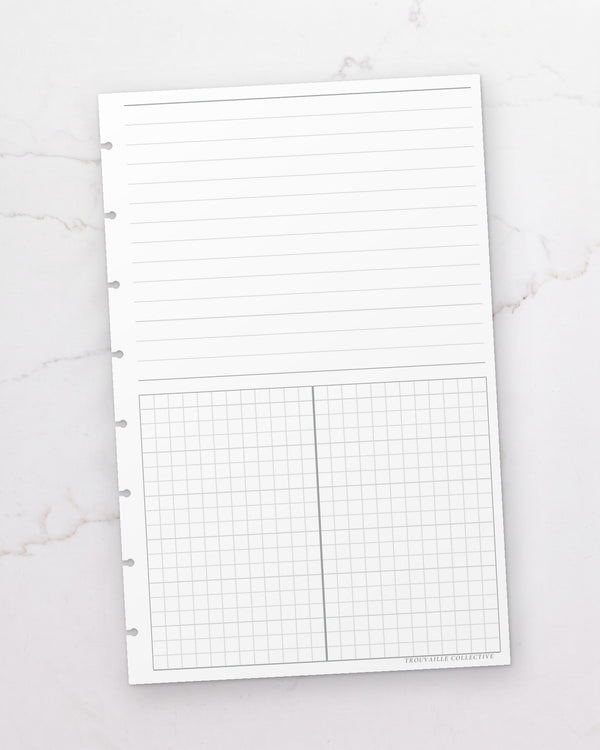 One Lines + Grid half letter planner insert sheet, punched for 8-disc discbound planners
