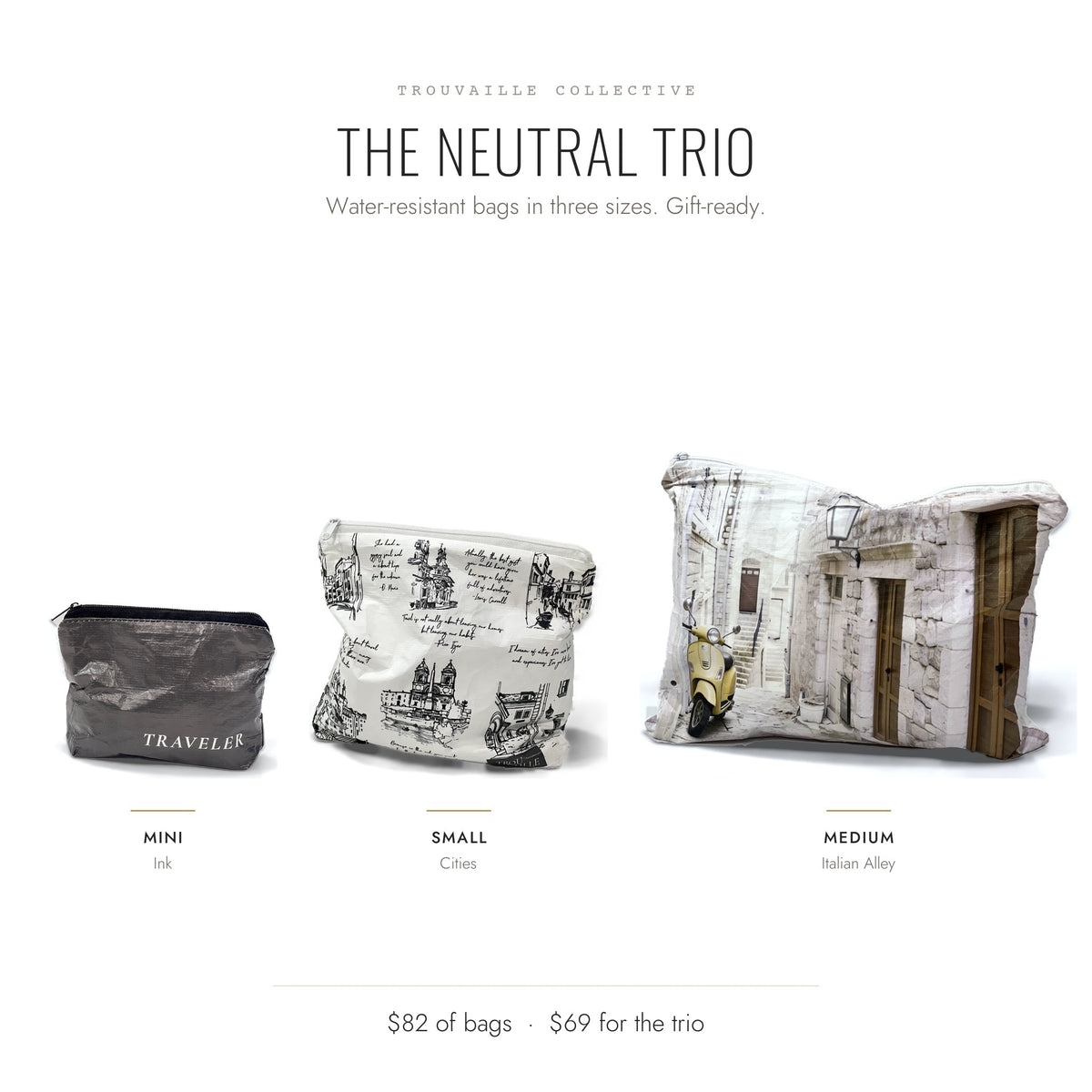 The Neutral Trio: the Ink Mini, Cities Small and Italian Alley Medium water-resistant accessory bags side by side