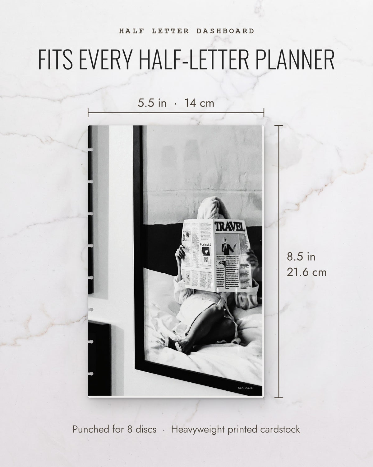 Newspaper cardstock planner dashboard measures 5.5 x 8.5 inches (14 x 21.6 cm), half letter, punched for 8 discs