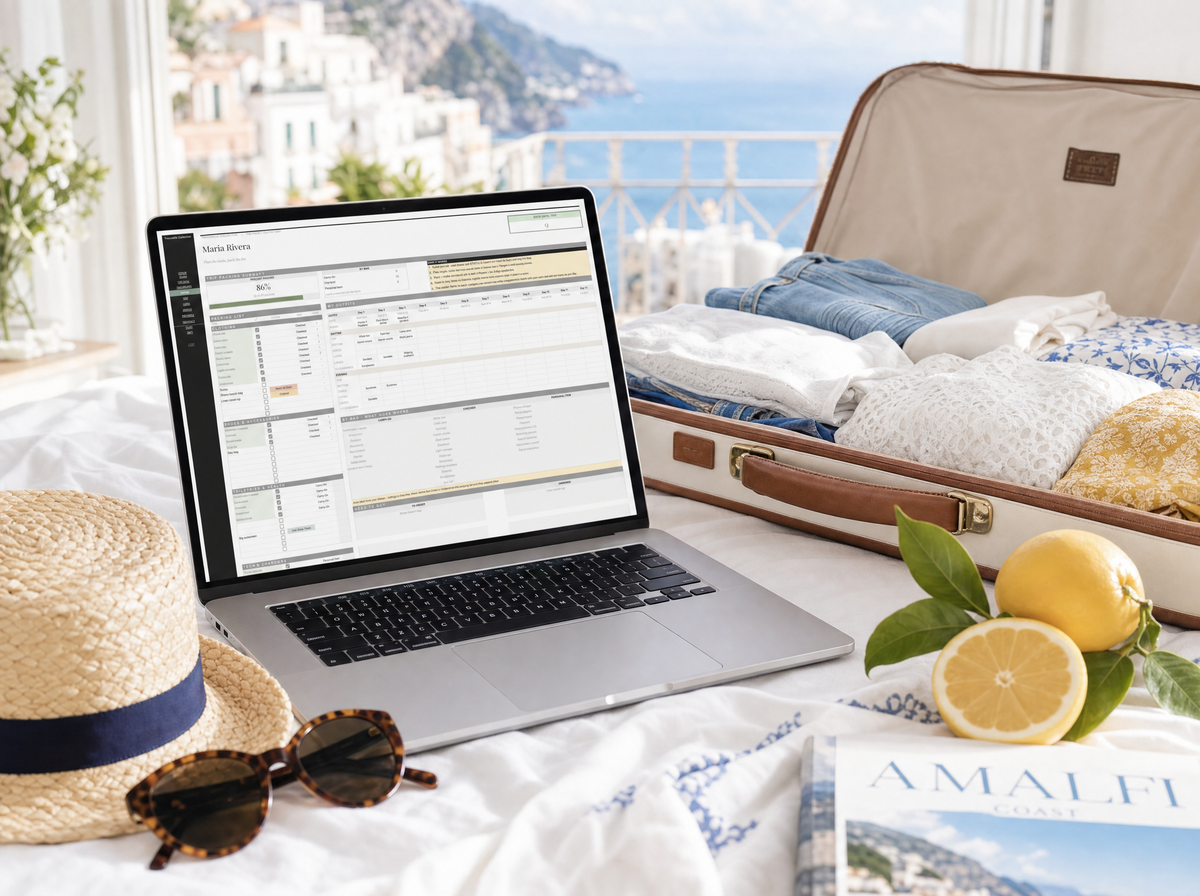 The Pack and Outfit Edit packing and outfit page open on a laptop beside an open suitcase on the Amalfi Coast, with a straw hat and lemons