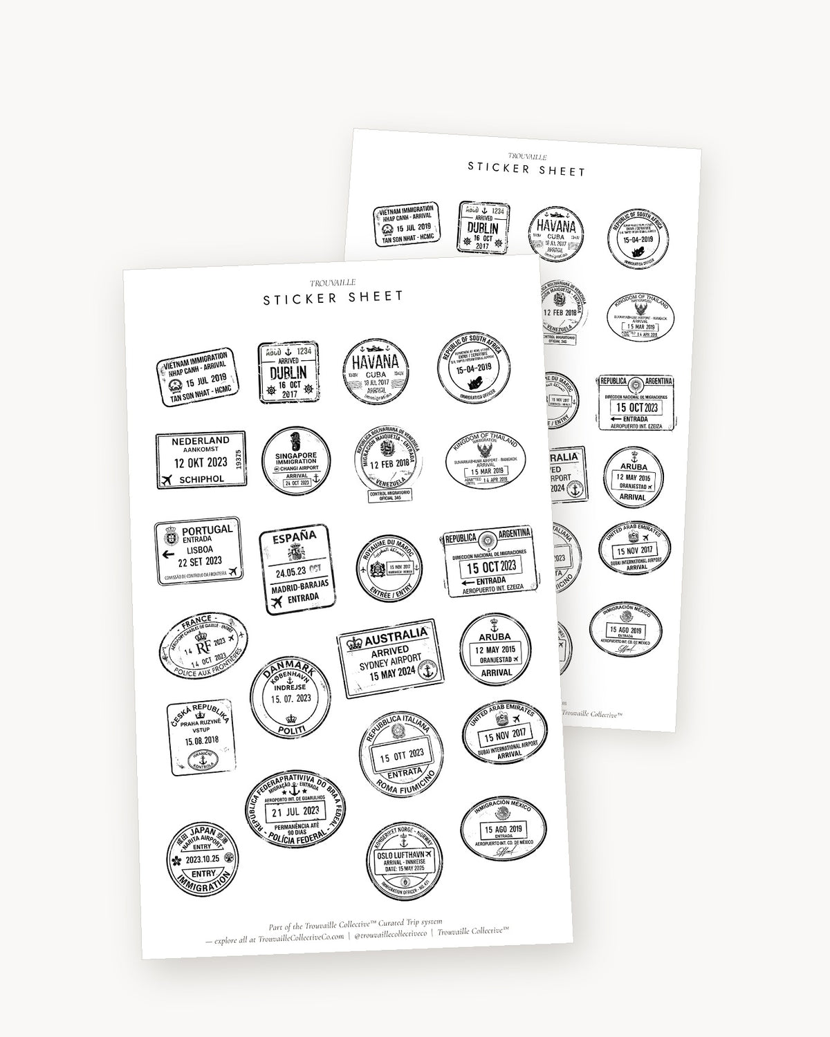 Two Passport Stamps clear sticker sheets angled to show the film