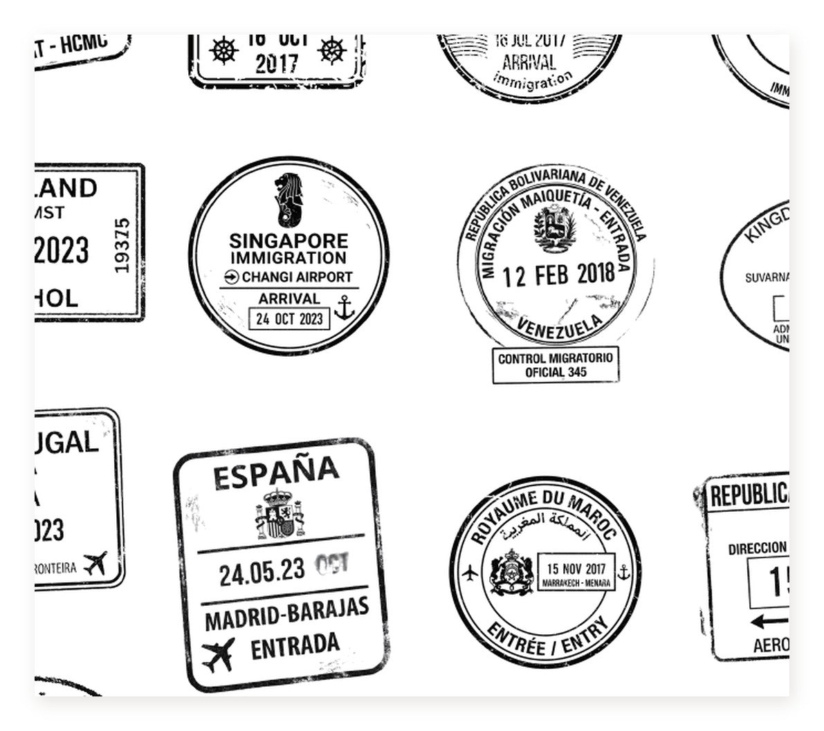 Close-up of the Passport Stamps clear sticker sheet