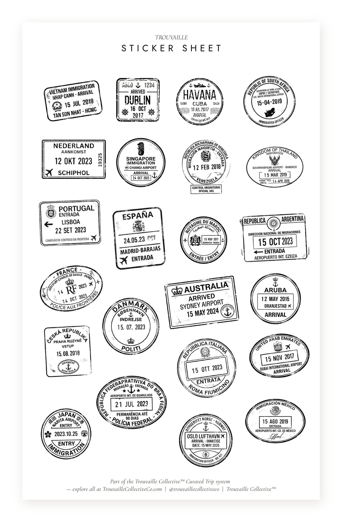 Passport Stamps clear sticker sheet for travel planners — vintage passport entry and arrival stamps