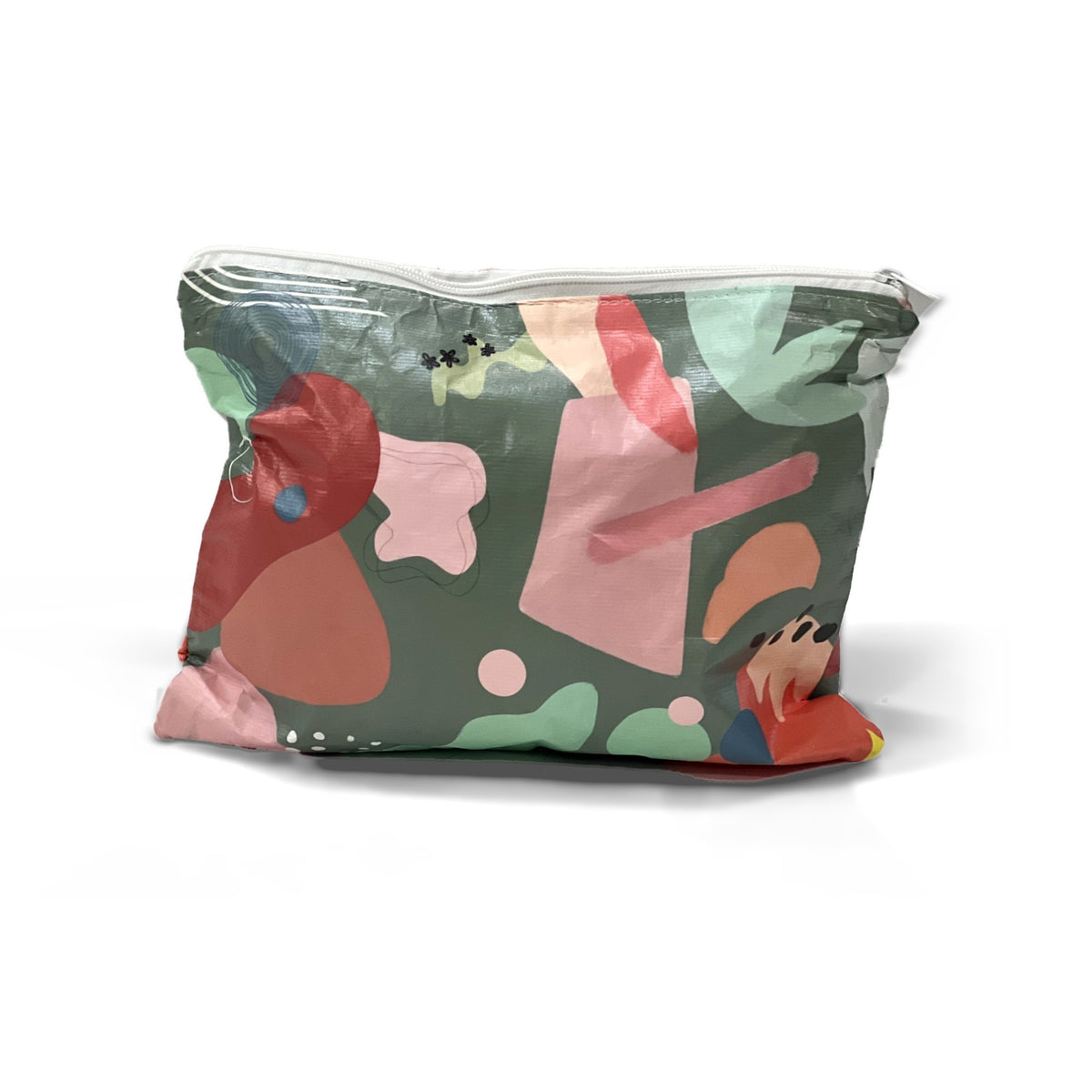 Back of the Routine is Lethal Medium accessory bag with green, pink and coral abstract print