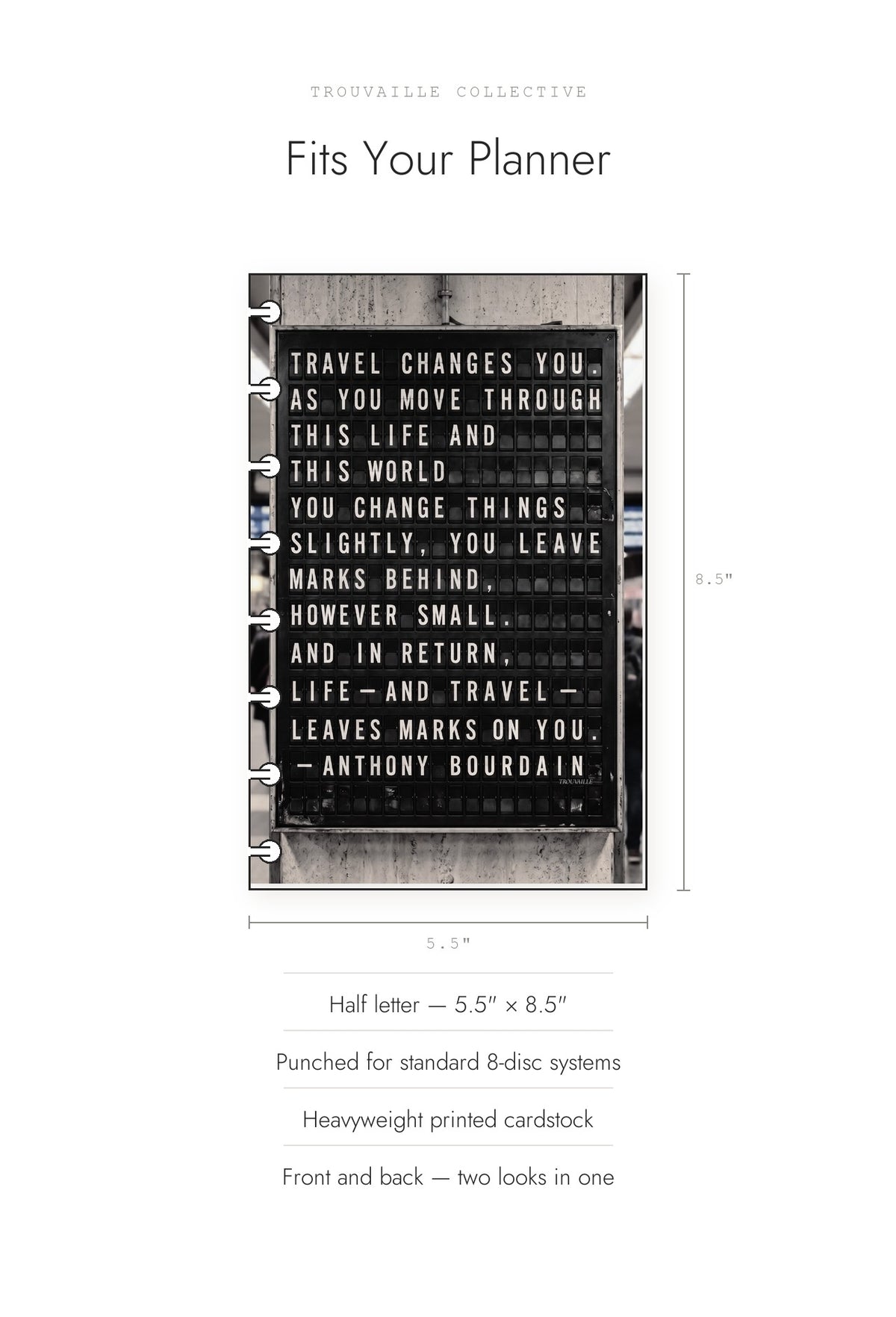 Split-Flap Board cardstock dashboard shown at half letter 5.5 by 8.5 inches, punched for 8-disc planners