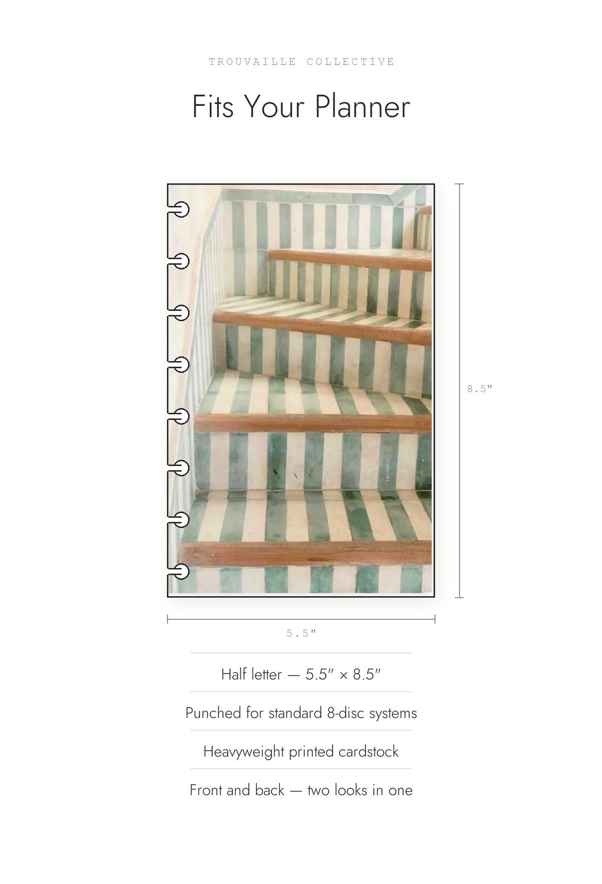Stairs cardstock dashboard shown at half letter 5.5 by 8.5 inches, punched for 8-disc planners