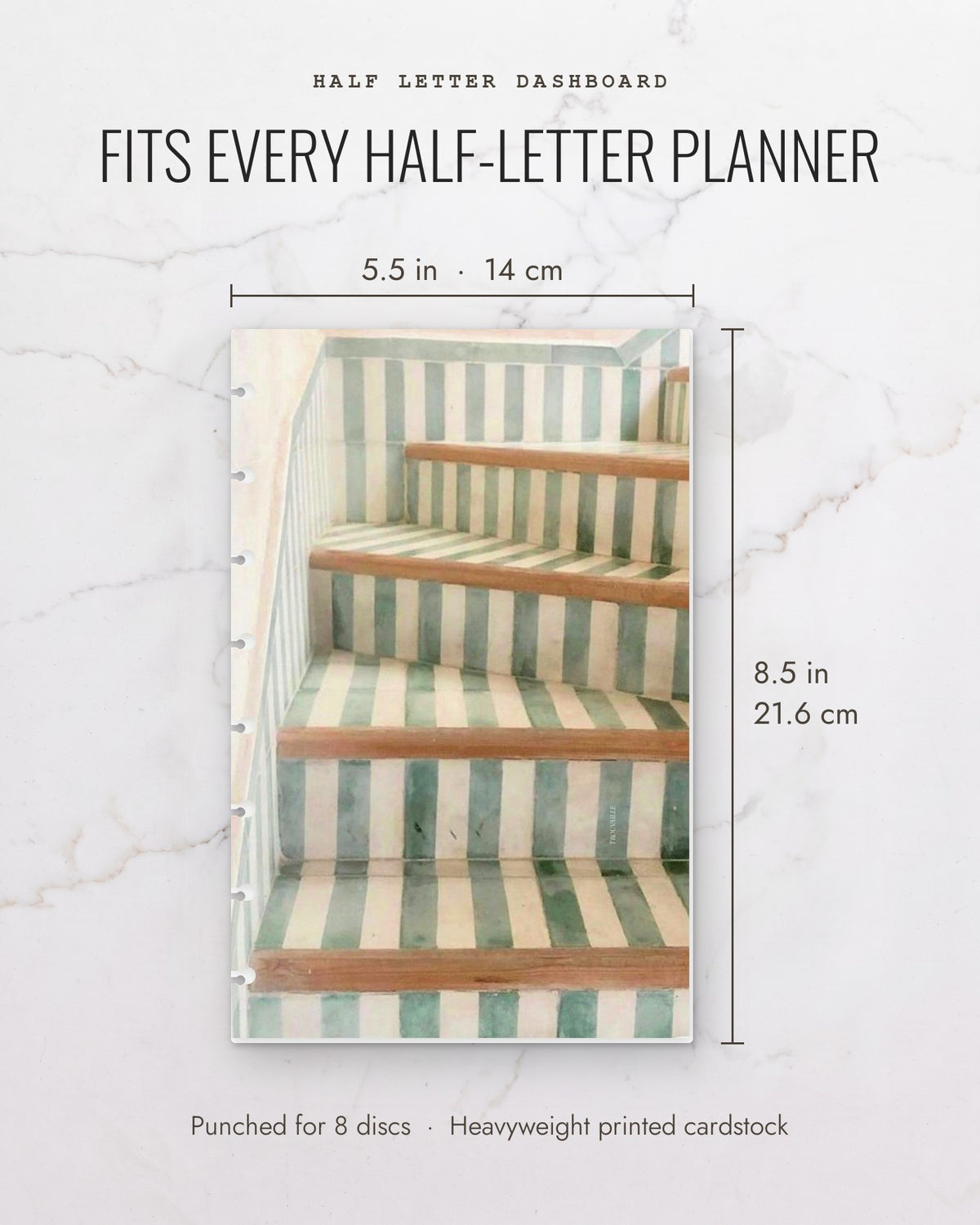 Stairs cardstock planner dashboard measures 5.5 x 8.5 inches (14 x 21.6 cm), half letter, punched for 8 discs