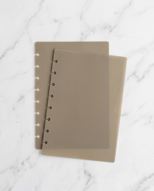 Taupe notebook cover set, front and back, half letter discbound covers on white marble