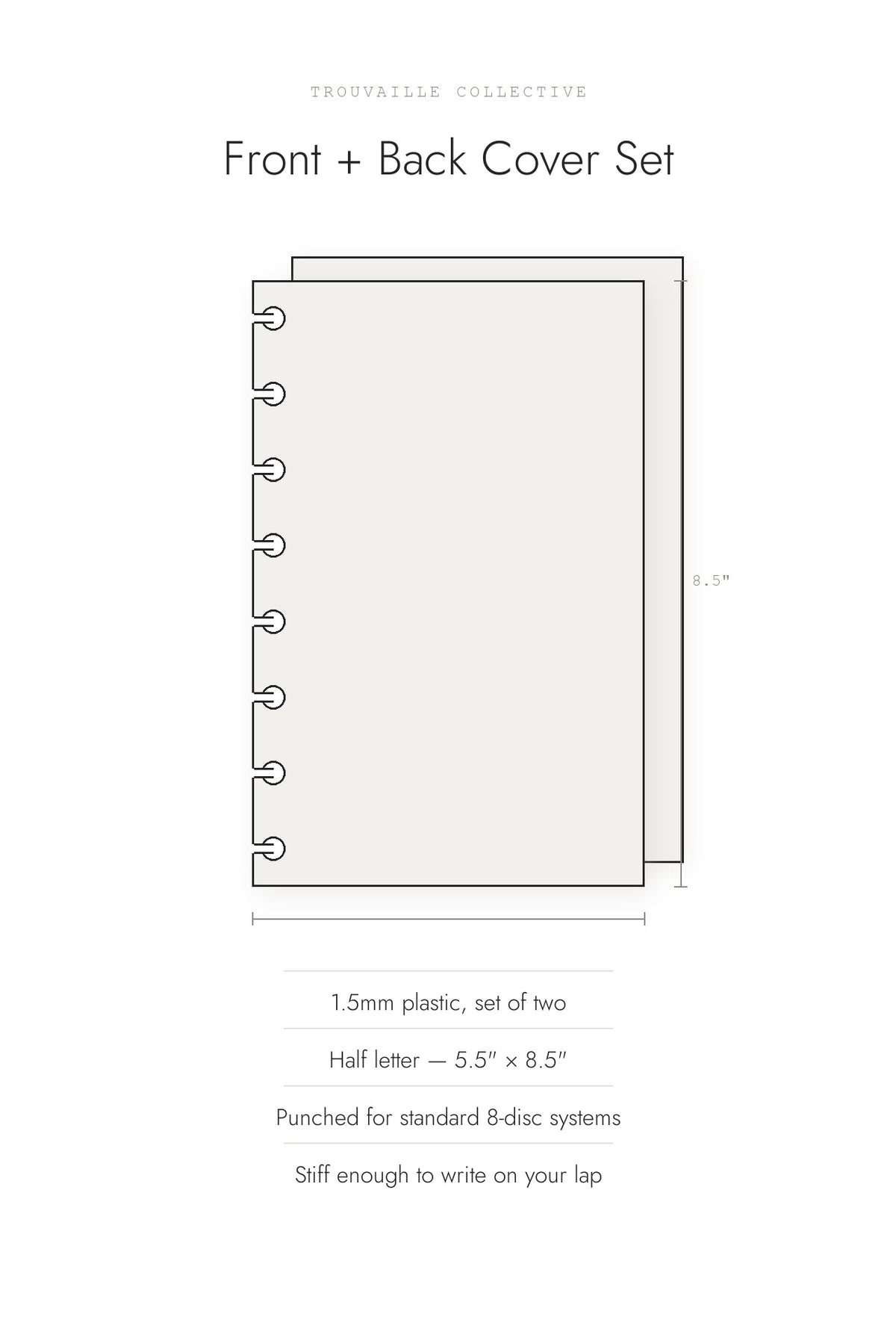 Front and back heavyweight half letter discbound planner cover set, 1.5mm plastic