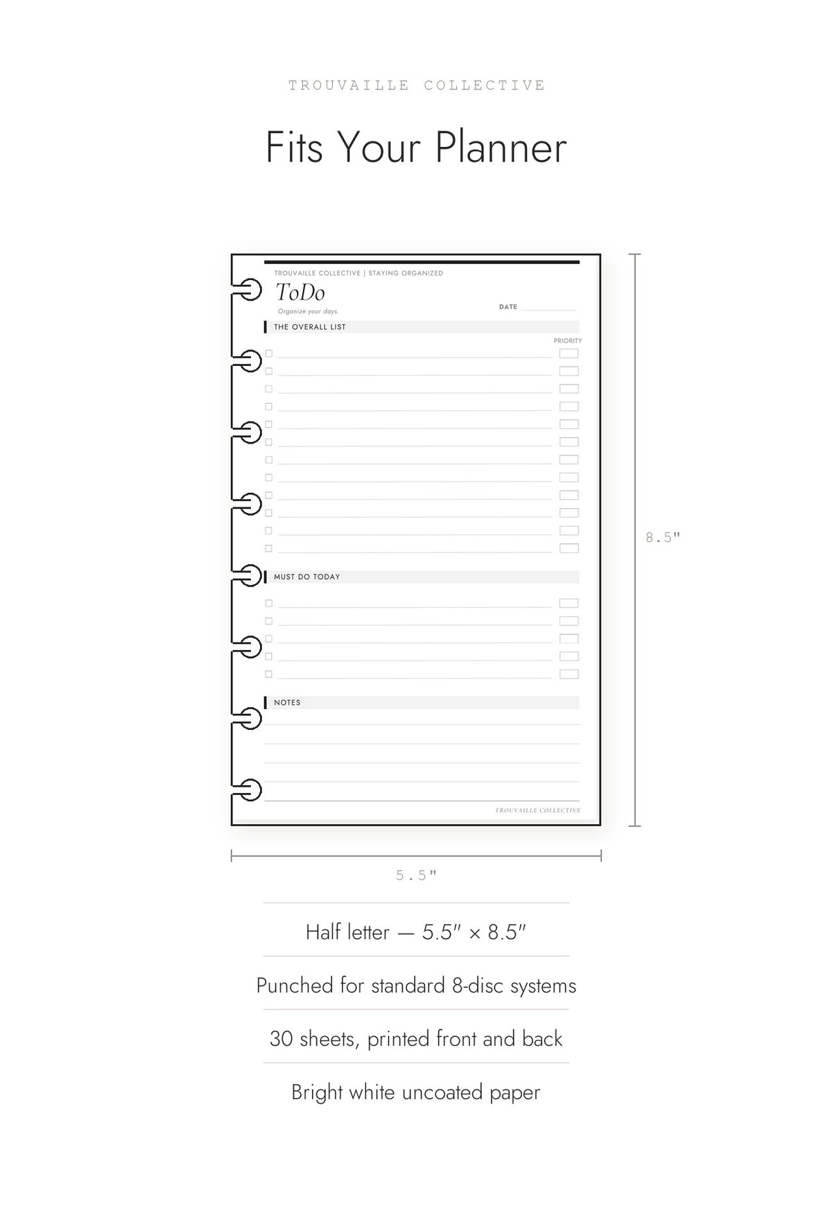 To Do planner inserts shown at half letter 5.5 by 8.5 inches, 30 sheets, punched for 8-disc systems