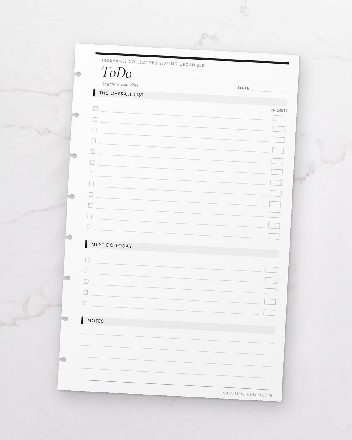 One To Do half letter planner insert sheet, punched for 8-disc discbound planners