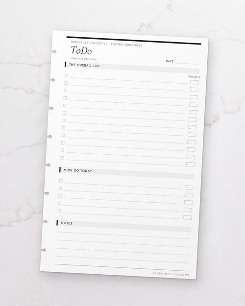 One To Do half letter planner insert sheet, punched for 8-disc discbound planners