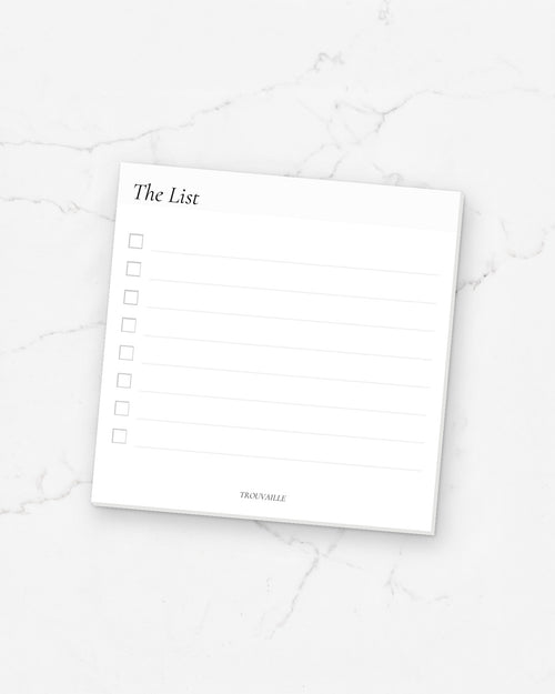 The List sticky note pad, 3 x 3 inch checklist sticky notes for planners, on white marble