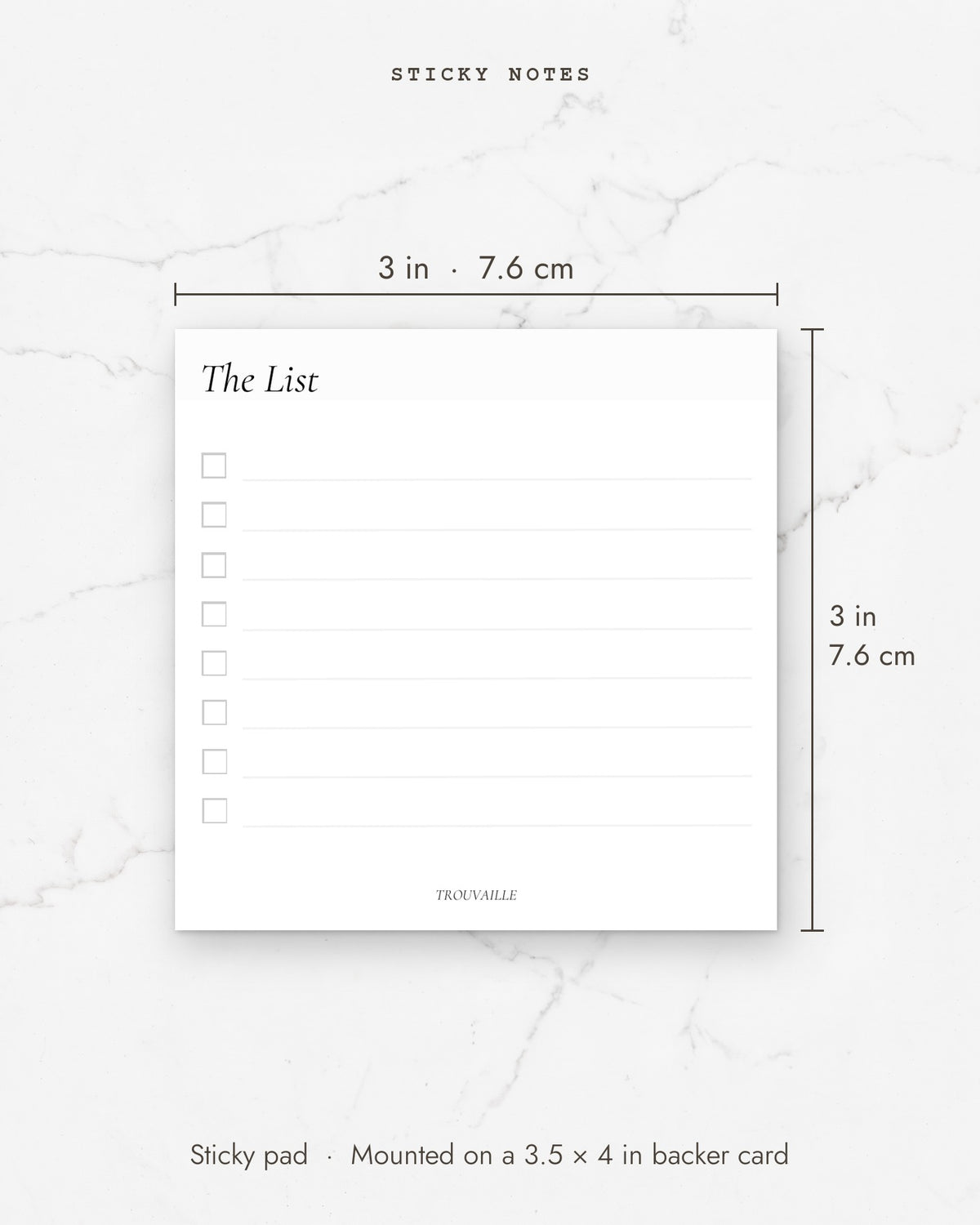 The List sticky note pad measures 3 x 3 inches (7.6 x 7.6 cm)