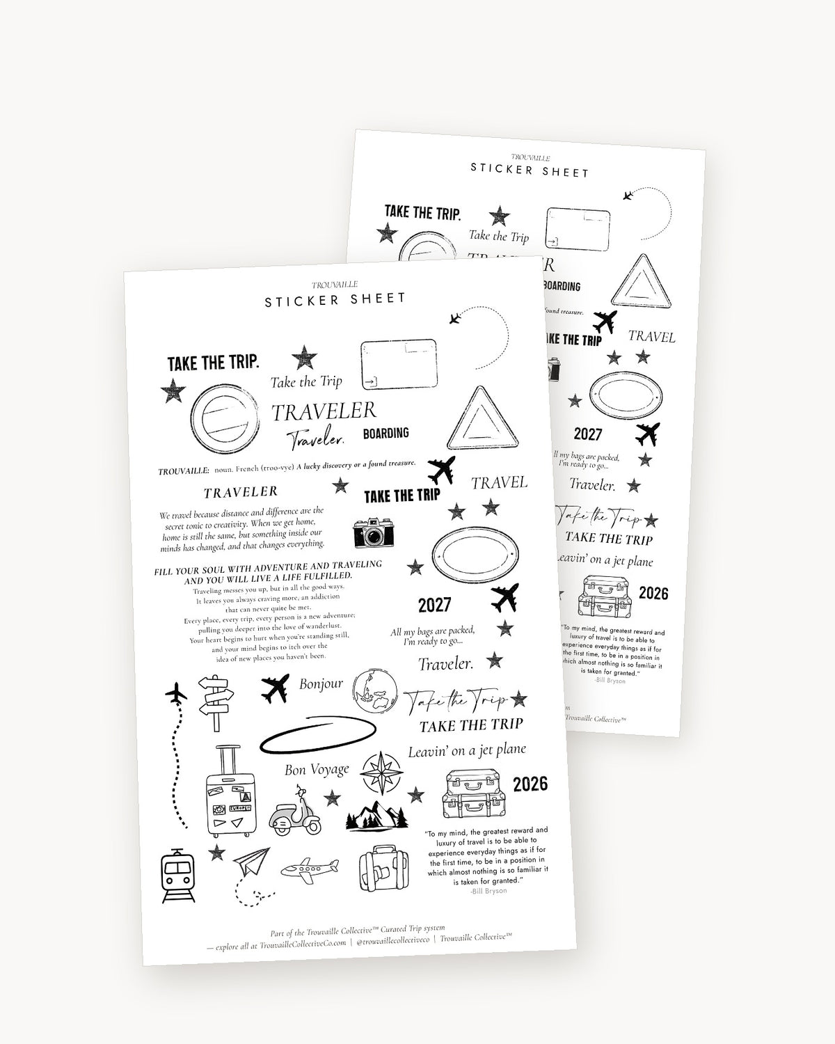 Two Travel Quotes clear sticker sheets angled to show the film