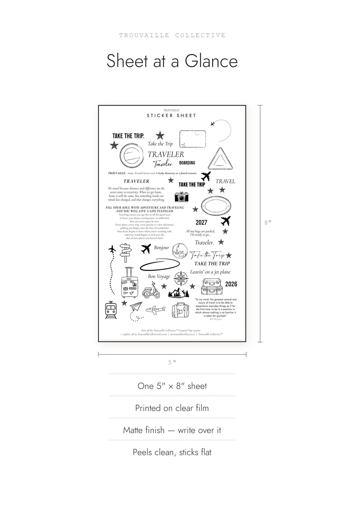 Travel Quotes clear sticker sheet shown at 5 by 8 inches, matte finish
