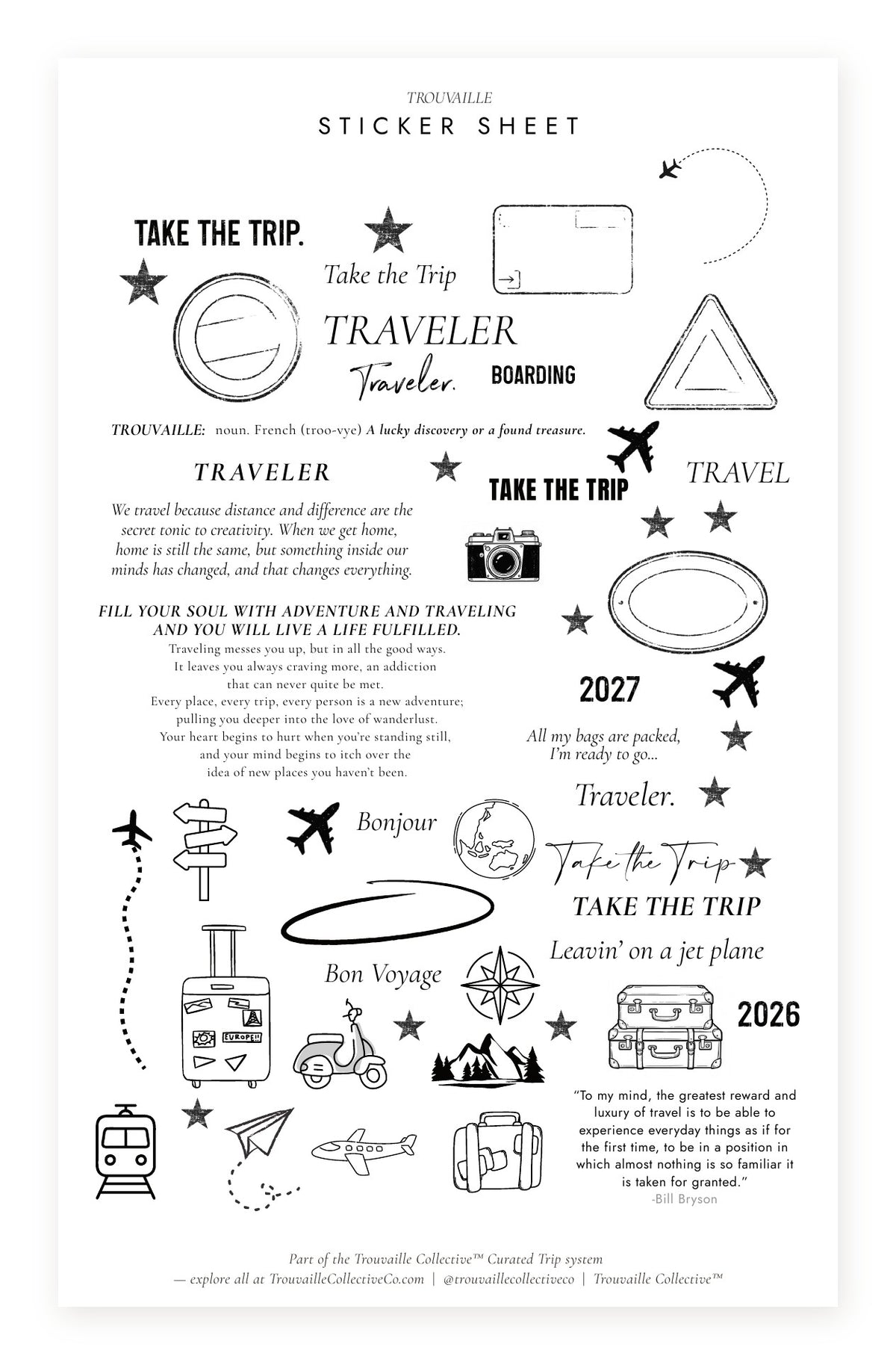 Travel Quotes clear sticker sheet for travel planners — travel words, icons and phrases