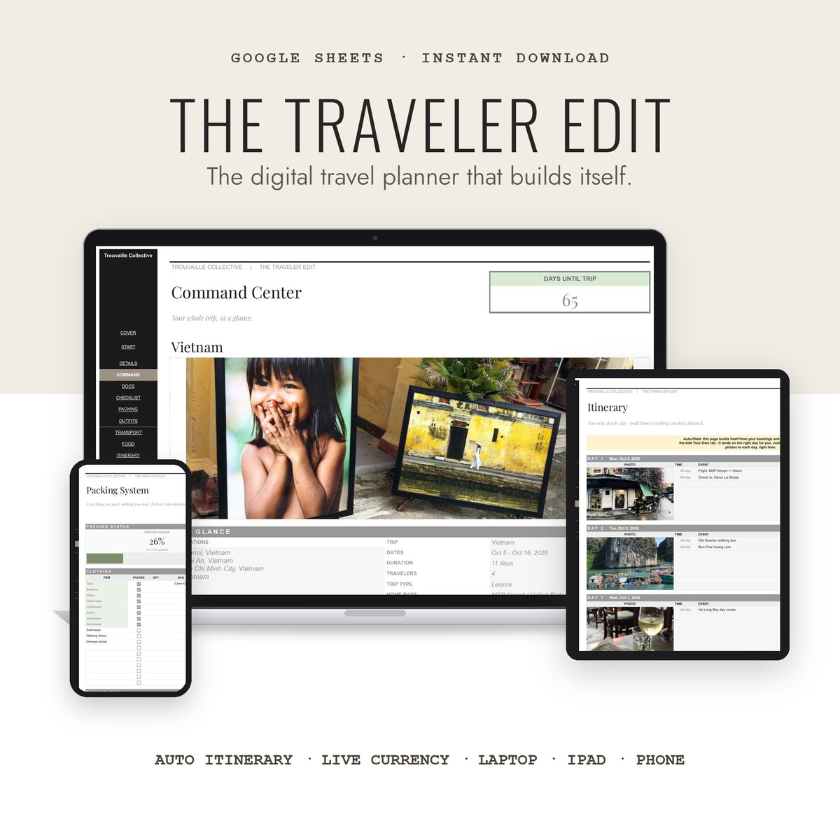 The Traveler Edit, a Google Sheets digital travel planner shown on laptop, iPad and phone