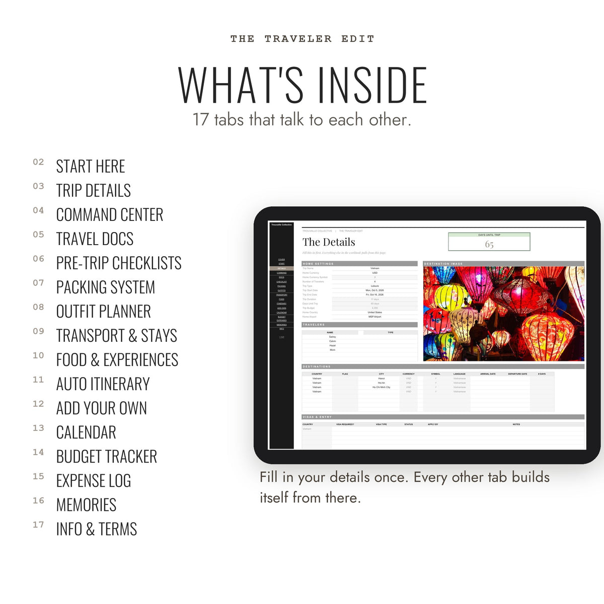What's inside The Traveler Edit: 17 connected Google Sheets tabs