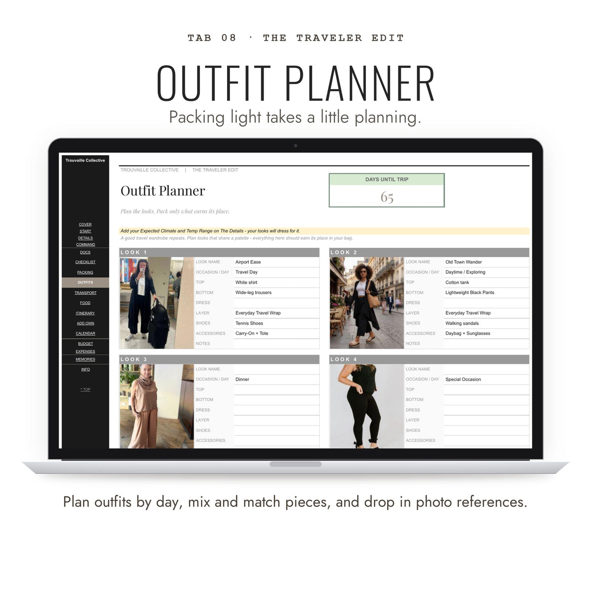 Outfit Planner tab for planning travel outfits by day