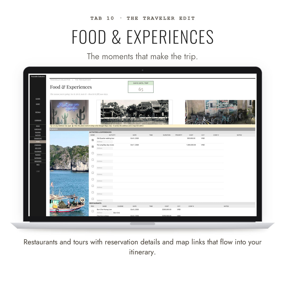 Food and Experiences tab with reservations and map links