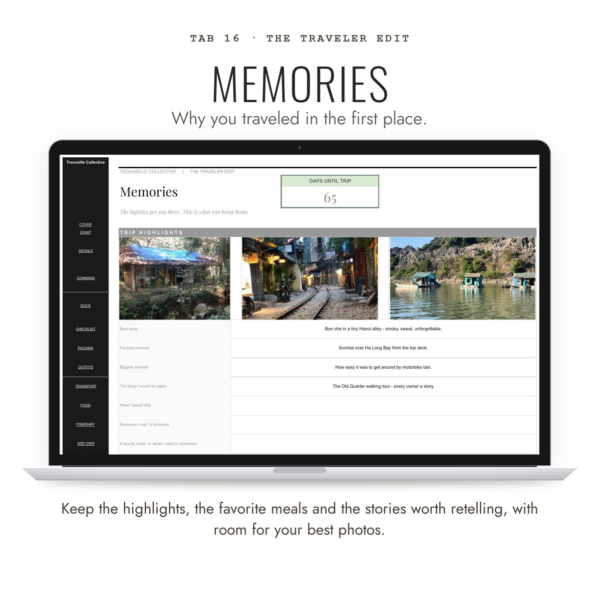 Memories tab in The Traveler Edit Google Sheets travel planner for trip highlights and photos