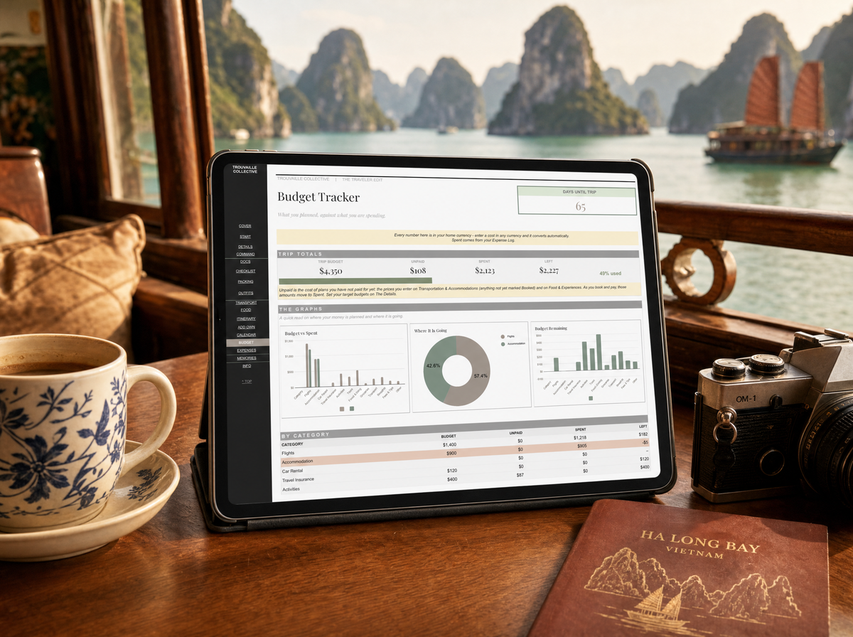 The Traveler Edit budget-tracker charts open on an iPad aboard a boat in Ha Long Bay, Vietnam, with coffee and a film camera
