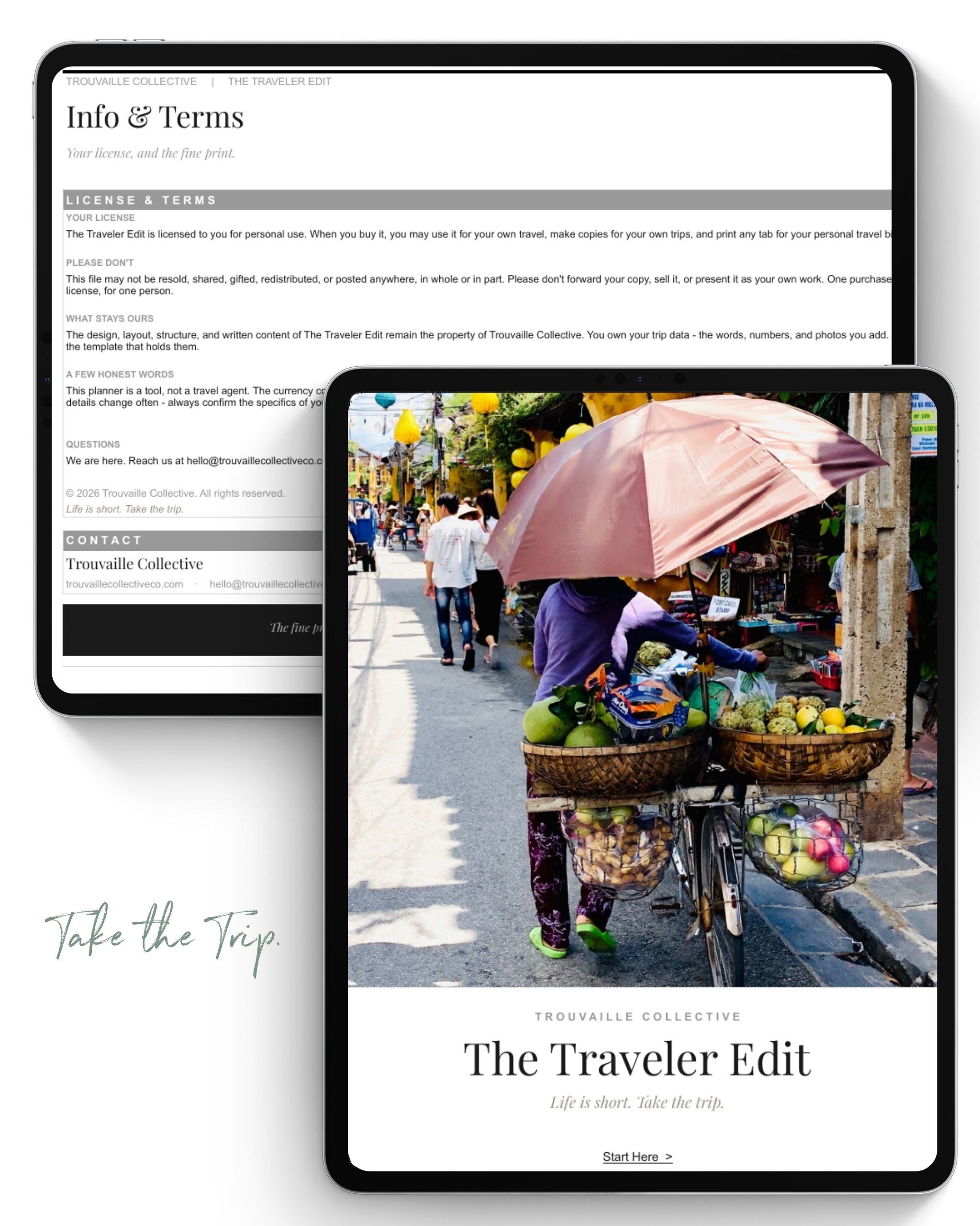 The Traveler Edit Info and Terms tab with the license and fine print, beside the planner's cover page