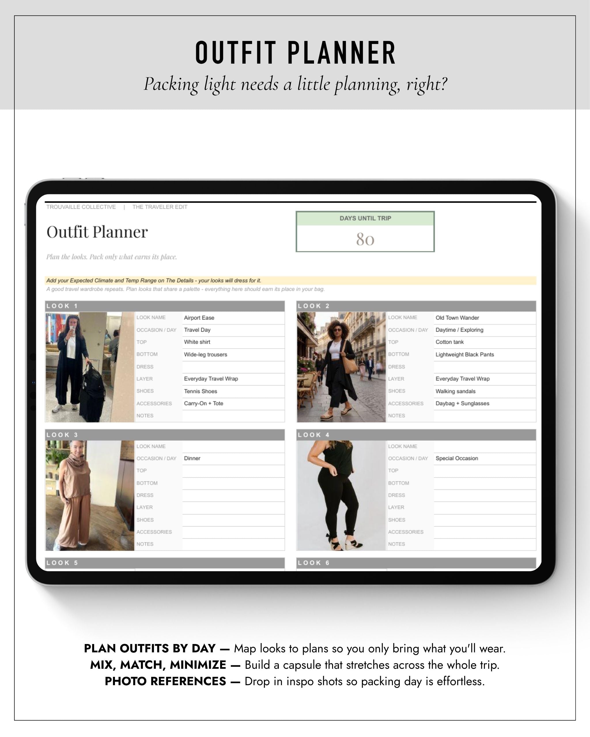 The Traveler Edit Outfit Planner tab for planning trip outfits and packing only what earns its place