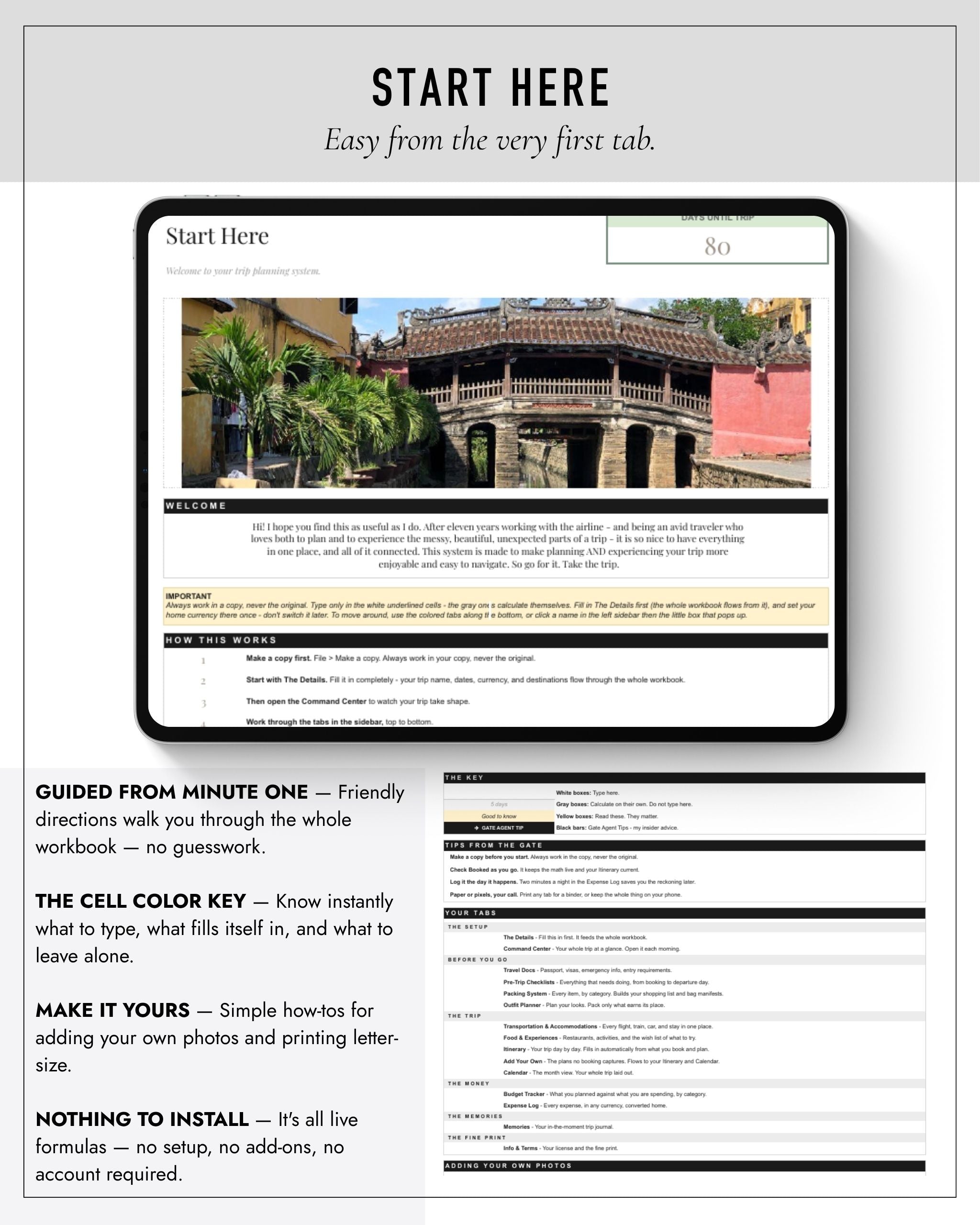 The Traveler Edit Start Here tab, a guided intro to the Google Sheets travel planner shown on a tablet