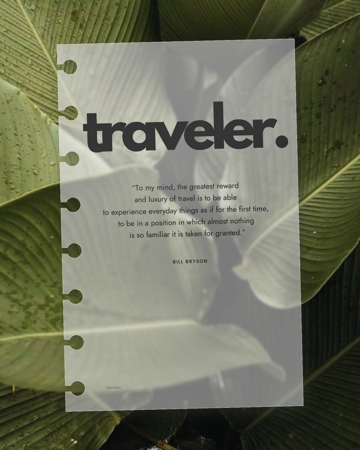 Traveler frosted planner dashboard on a green leaf, the leaf visible through the translucent plastic