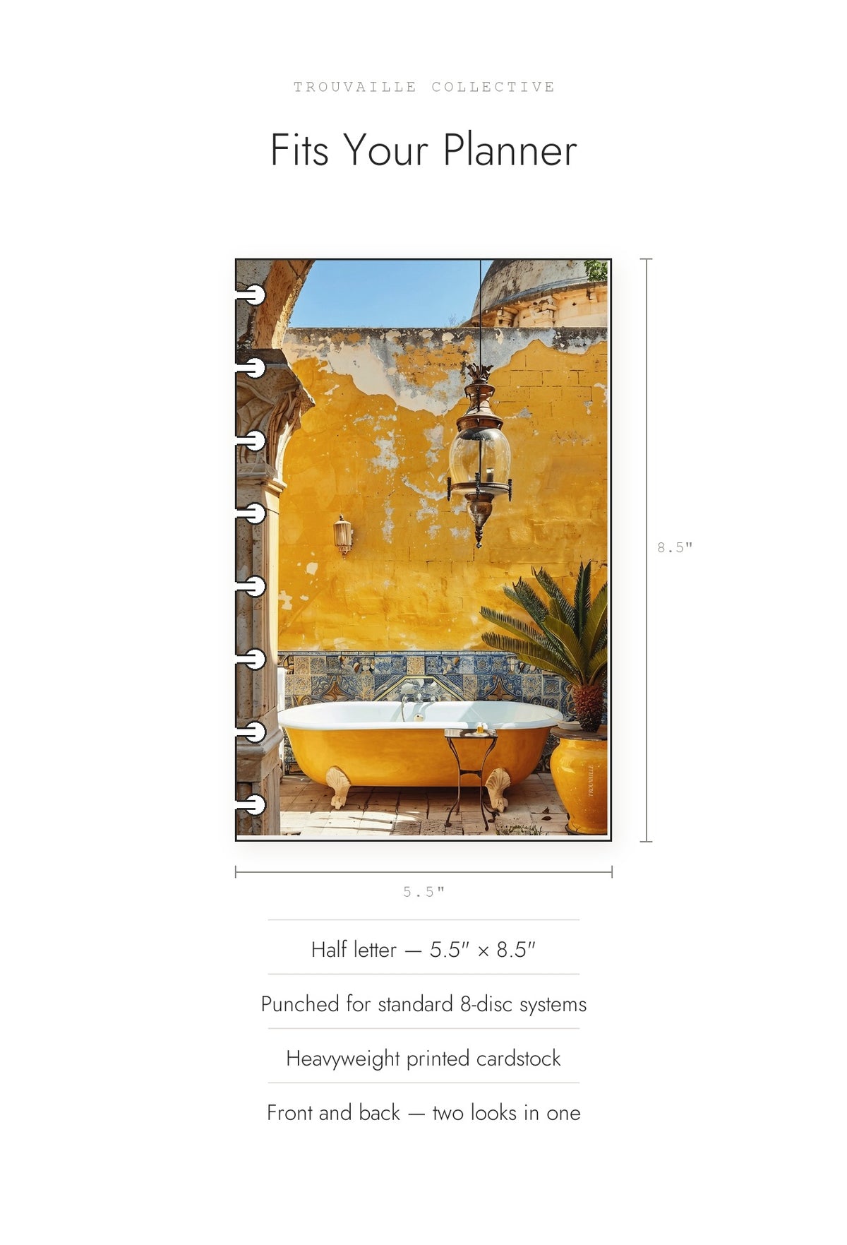 Yellow Tub cardstock dashboard shown at half letter 5.5 by 8.5 inches, punched for 8-disc planners