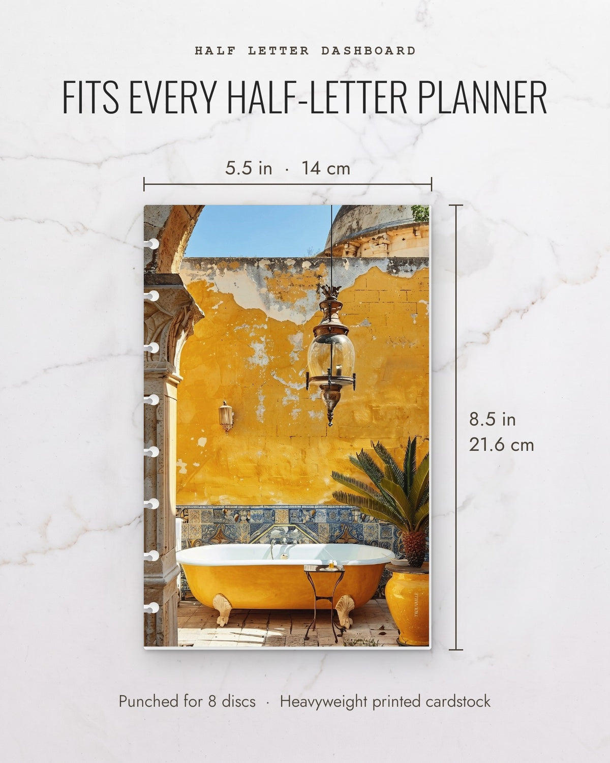 Yellow Tub cardstock planner dashboard measures 5.5 x 8.5 inches (14 x 21.6 cm), half letter, punched for 8 discs